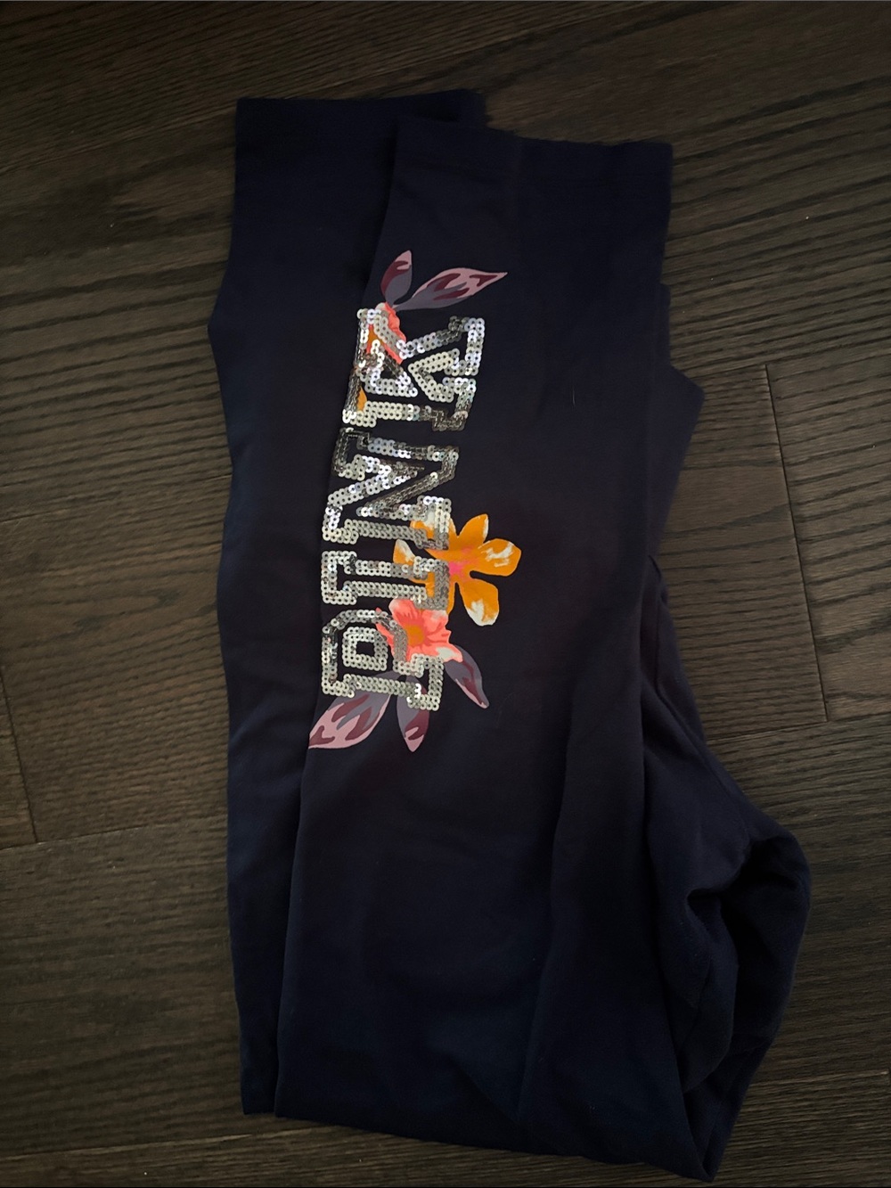 PINK Victoria's Secret Navy Leggings with Sequin Logo and Floral Accent